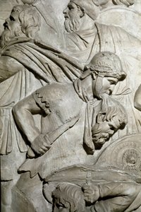 Romersk kunst: "" romersk kriger, der holder hovedet af en fjendtlig kriger mellem tænderne"" Form fra 1862, der gengiver basreliefferne af søjlen af Trajan (søjle Trajane) (Colonna Traiana) i Rom bygget under kejser Trajans regeringstid ( 53-117). Trajane af Roman Roman