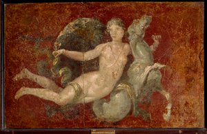 Romersk kunst: en kvinde, der rider på en havhest. Fresko fra Stabia. Napoli, Museo Archeologico Nazionale - Romersk kunst: en kvinde, der rider på en havhest. Fresko fra Stabia. Nationalt arkæologisk museum, Napoli, Italien af Roman Roman