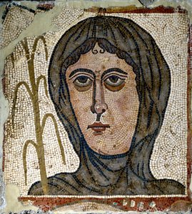 Romersk kunst: allegori om vinteren som en kvinde iført slør. Mosaik fra det 5. århundrede. Fra Quintana del Marco (Leon) Spanien Madrid, Nationalt Arkæologisk Museum af Roman Roman