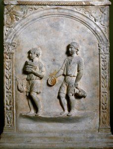 Romersk kunst: gravalter forestiller to tjenere, der bærer genstande til ofring. Lav lindring. Rom, Museo Nazionale Romano af Roman Roman