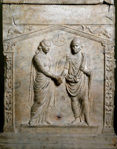 Romersk kunst: begravelsesalter dekorerer scenen for et bryllup (Junctio dextrarum). Lav lindring. Rom, Museo Nazionale Romano af Roman Roman