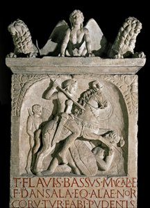 Roman kunst: Begravelsesstele fra aristokraten og den romerske politiker Flavius Bassus Herculanus (kendt omkring 449-452) 5. århundrede e.Kr. Rom, Museo Della Civilta Romana af Roman Roman