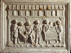 Romersk kunst: lavreliefform, der repræsenterer et stof og gobeliner. Fra en original fra det 2. århundrede e.Kr. Rom Museo della Civilta Romana af Roman Roman