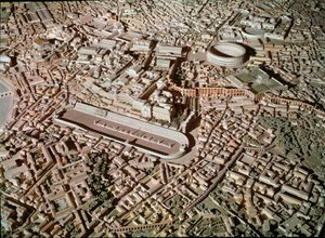 Romersk kunst: model, der forestiller byen Rom under antikken. I midten reserverer Circus Maximus eller Grand Circus til kampvognsløb. Rom, Museo della Civilta romana - romersk kunst. Cirkus Maximus og etruskiske mure. Detalje fra rekonstruktionsmodellen