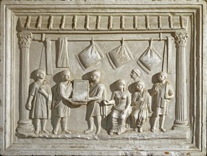 Romersk kunst: form, der repræsenterer et stof og gobeliner. Fra en original fra det 2. århundrede e.Kr. (lavrelief) af Roman Roman