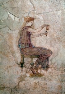 Romersk kunst: kvinde, der sidder og hælder parfume i en vase Vægmaleri, 25 AD Fra Villa della Farnesina (romersk kunst: kvinde hældte parfume i en vase, fra Casa della Farnesina, 25 AD) Rom, Palazzo Massimo alle Terme, National Roman Museum af Roman Roman