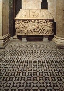 Romersk sarkofag med relieffer af en vildsvinejagtscene, låg dekorerer Medicis-familiens arme af Roman Roman