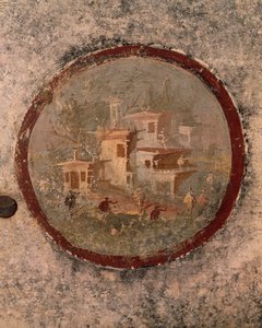 Rund med huse og bygninger, detaljer af fresco fra House of Centenary, Pompeji, Campania, romersk civilisation af Roman Roman