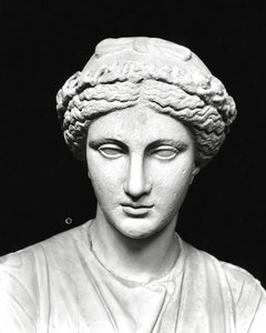 Statue af Clio holder en rulle, detalje af hovedet (sten) (s/h foto) (se også 161938) af Roman Roman
