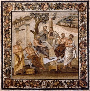 Akademiet af Platon: filosoffen, der sidder i midten, underviser en gruppe disciple fra Akademiet i Athen (grundlagt af ham selv i 378 f.Kr.) - Mosaik fundet i Boscotrecase, nu udstillet på Nationalmuseet, Napoli