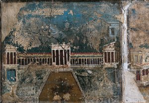 Tredje stil fresko af arkitektonisk landskab, detalje af bygning omkranset af søjlegange, fra Pompei af Roman Roman