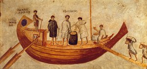 Lossning af korn fra skibet, Isis Giminiana, fra Ostia, 2.-3. århundrede (fresko) af Roman Roman
