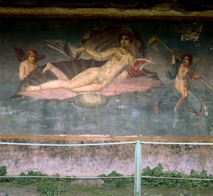 Venus hviler i skallen. Venushuset, Pompei, Italien. Fresco. af Roman Roman