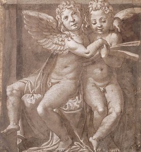 To siddende engle synger, efter Polidoro da Caravaggio (pen og brun blæk, brun vask med hvidt på gråblåt papir)