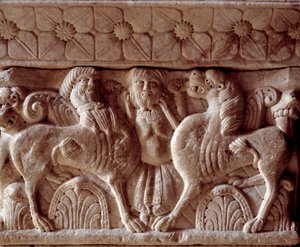 En kentaur og en løve, udskåret hovedstad i Priory-tribunen af Romanesque