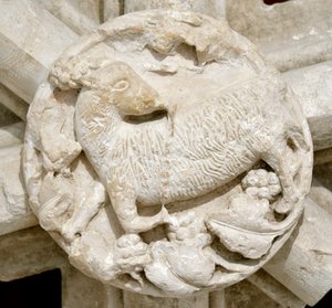 Et lam, detalje af hvælvingen af Saint Laurent kapellet (Saint-Laurent), forsvandt i flere år og oprindeligt placeret over cistercienserklosteret Fontenay (Abbey of Fontenay, Bourgogne, Frankrig: detalje af en slutsten, der repræsenterer et lam) af Romanesque