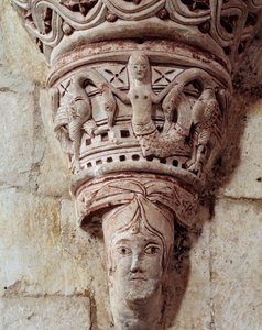 En havfrue, udskåret hovedstad i koret af Romanesque
