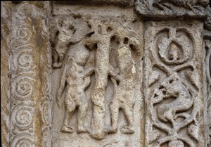 Adam og Eva. Detalje af basilikaens facade, begyndelsen af det 12. århundrede (relief) af Romanesque