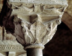 Kapital, der repræsenterer det herlige kors (skulptur af Romanesque