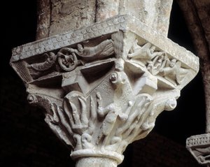 Kapital, der repræsenterer de tre jøder i den brændende ovn (skulptur af Romanesque