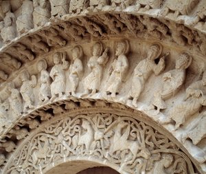 Detalje af skulpturer af sydportalen af Romanesque