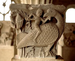 Repræsentation af en kamp mellem en mand og en fugl (udskåret hovedstad i kapitelhuset) af Romanesque