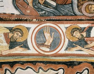 Romansk kunst: "" Guds højre hånd og patriarkerne Elias og Henoch (eller Enok). Detalje. Freske af Leon-skolen (Spanien). 1132. Jomfruens helligdom del Camin af Romanesque