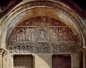 Romansk kunst: Tympan skulptureret, der repræsenterer den sidste dom, til højre for Kristusparadiset, til venstre, helvedes kaos. Skulptur (1130-1140) af klosterkirken Sainte Foy (Sainte-Foy) i Conques (Aveyron), Frankrig.