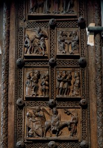 Romansk kunst: trædør fra midten af det 12. århundrede til kirken St. Mary of the Capitol i Köln, Tyskland (Sankt Maria im Kapitol, Köln). Scener, der skildrer annonceringen til hyrderne, fødselaren, magikernes tilbedelse og af Romanesque