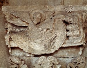Magi sover med en engel, der vækker dem og peger mod stjernen i Betlehem (udskåret hovedstad) af Romanesque