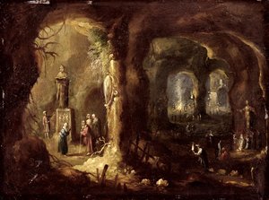 Grotte med statuer og talrige figurer, der tilbeder afguder (Sankt Simeon Stylites), ca. 1640 (olie på kobber) af Rombout van Troyen
