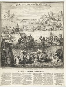 Tegneserie af indtagelsen af ​​sølvflåden i Vigo, 1702 Forbud og ankomstforbud i havet (titel på objekt) Forbud og ankomstforbud i havet ved Vigos (titel på objekt) af Romeyn de Hooghe (possibly)