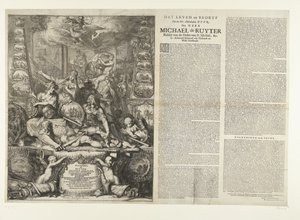 Allegori om Michiel de Ruyters død, 1676 The Life and Business of the Ed: Manhaften Heer, Den Heer Michaël de Ruyter Ridder af St. Michiels Orden, &c. Lt. Generaladmiral van Hollandt og West-Vrieslandt (titel på objekt) af Romeyn de Hooghe