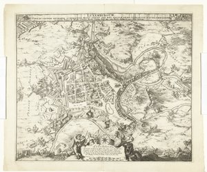 Bombardement fra Luxemburg af maarschalk de Créquy, 1684 Luxembourg, leder. efternavn metropol en chimacens-prins stren def. reg. Men Galliens våben optog ham. 4. juni Ao. 8834 (titel på objekt) af Romeyn de Hooghe