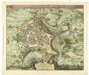 Bombardement fra Luxemburg af maarschalk de Créquy, 1684 Luxembourg, leder. efternavn metropol en chimacens-prins stren def. reg. Men Galliens våben optog ham. 4. juni Ao. 8834 (titel på objekt) af Romeyn de Hooghe