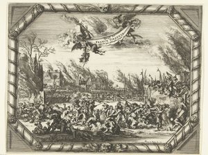 Franske grusomheder i Bodegraven og Zwammerdam, 1672 Spiegel der France Tirannye bønfaldt ved Hollantsche Dorpen (titel på objekt) af Romeyn de Hooghe