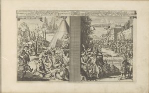 Læger i Arclada; Jesuit barberet af en tollmaster i Golkonda Guerisons infames des Arclades / Rude Healings // Roi de Golconde, Douane, etc / Tolrecht, en Cases (titel på objekt) Les Indes Orientales et Occidentales et autres af Romeyn de Hooghe