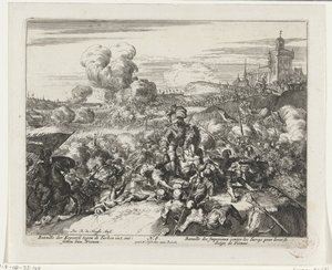 Kampe mellem habsburgere og tyrkere lige uden for Wien Bataille der Keyserse mod tyrkerne int desetten van Weenen (titel på objekt) af Romeyn de Hooghe