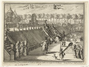 Udsigt (fra siden) af et terrassevandfald i parken Paleis Het Loo The Terrace Cascade på siden (titel på objekt) Udsigt over Paleis Het Loo, de tilhørende bygninger og den tilhørende park (serietitel) af Romeyn de Hooghe
