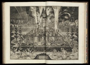 Stort fyrværkeri. Fra "Hans britiske majestæts triumferende hjemkomst til Holland" (CBL AL 146, pl.67). af Romeyn de Hooghe
