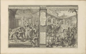 Historie om en offentlig ansat i Persien; Tid med mexicanerne Persisk historie / Histoire de Perse // Veder Schilder Konst / Art de peindre chés les Mexiquains (titel på objekt) Les Indes Orientales et Occidentales et autres lieux (serietitel) af Romeyn de Hooghe
