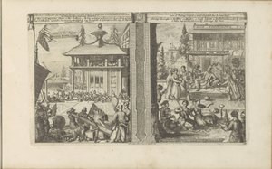 Japansk købehandel; Hof van de koning van de Calaminhans Japans koophandel / Trade of Japan // Calaminhans Eer Pracht / Magnificence of King Calaminhan, i Ostindien (titel på objektet) Øst- og Vestindien og andre steder (serie af Romeyn de Hooghe