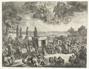 Karl II af Spanien knæler ved en vogn af Romeyn de Hooghe