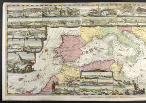 Kort over Middelhavet med allegoriske figurer og havmonstre, der pynter på indsætningerne, fra 