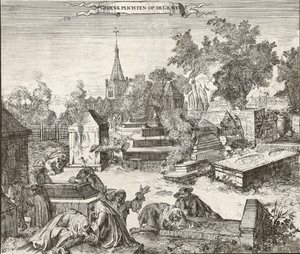 Sorg på den portugisisk-jødiske kirkegård i Beth Haim af Ouderkerk på Amstel i Holland - Indgravering af Romeyn de Hooghe (1645-1708)
