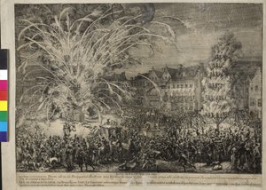 Natligt fyrværkeri på Rue des Sablons i Bruxelles 1686 (radering) af Romeyn de Hooghe
