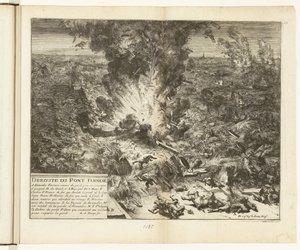 Sprængning af Parmas skibsbro over Schelde, 1585 Deroute du Pont Farnese (titel på objekt) Guerres de Flandres (serietitel) af Romeyn de Hooghe