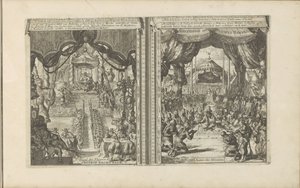 Rechtbank i Kina i Abbesinië Kinesisk rechtbank / tribunal des Chinois // Abyssinise Gerichts Handel / Justice des Abissins (titel på objektet) Øst- og Vestindien og andre steder (serietitel) af Romeyn de Hooghe