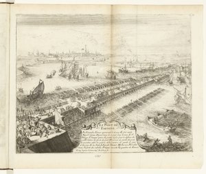 Parma skibsbro over Schelde, 1585 Le Pont de Farnese (titel på objekt) Guerres de Flandres (serietitel) af Romeyn de Hooghe