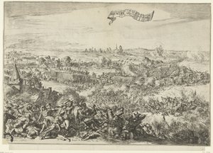 Slaget ved Seneffe, 1674 Seer rasende Attacque forvandles til en Bataille mellem Geallie-hærene. en der Fransen (titel på objekt) Beskrivelse af den rasende Attacque der Franssen, On the Bagagie of the Army of the Allies: Bliver til en sc. af Romeyn de Hooghe